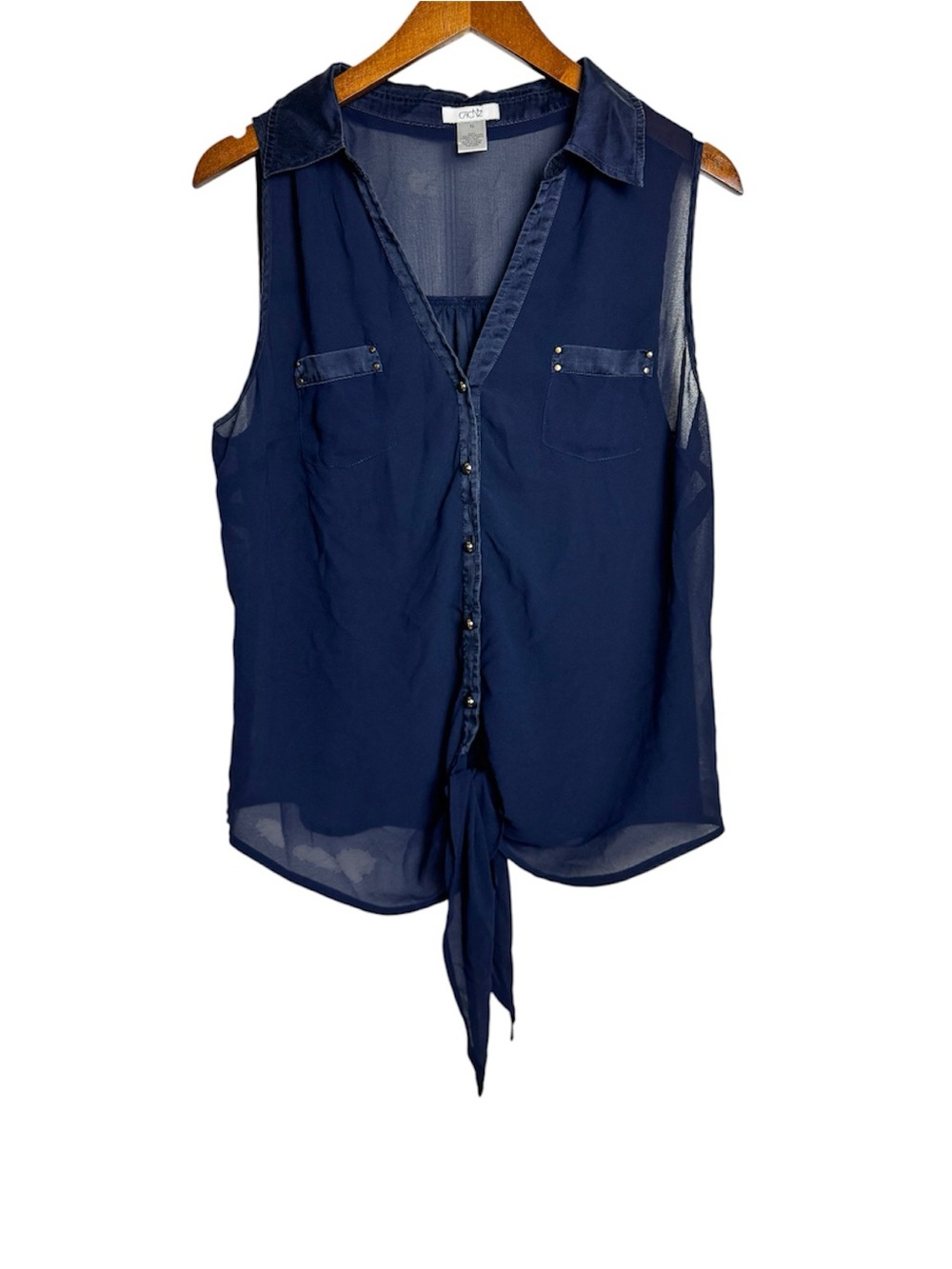 Cache Navy Silk Trim Sleeveless Tie-Front Button-Down Blouse Size XL